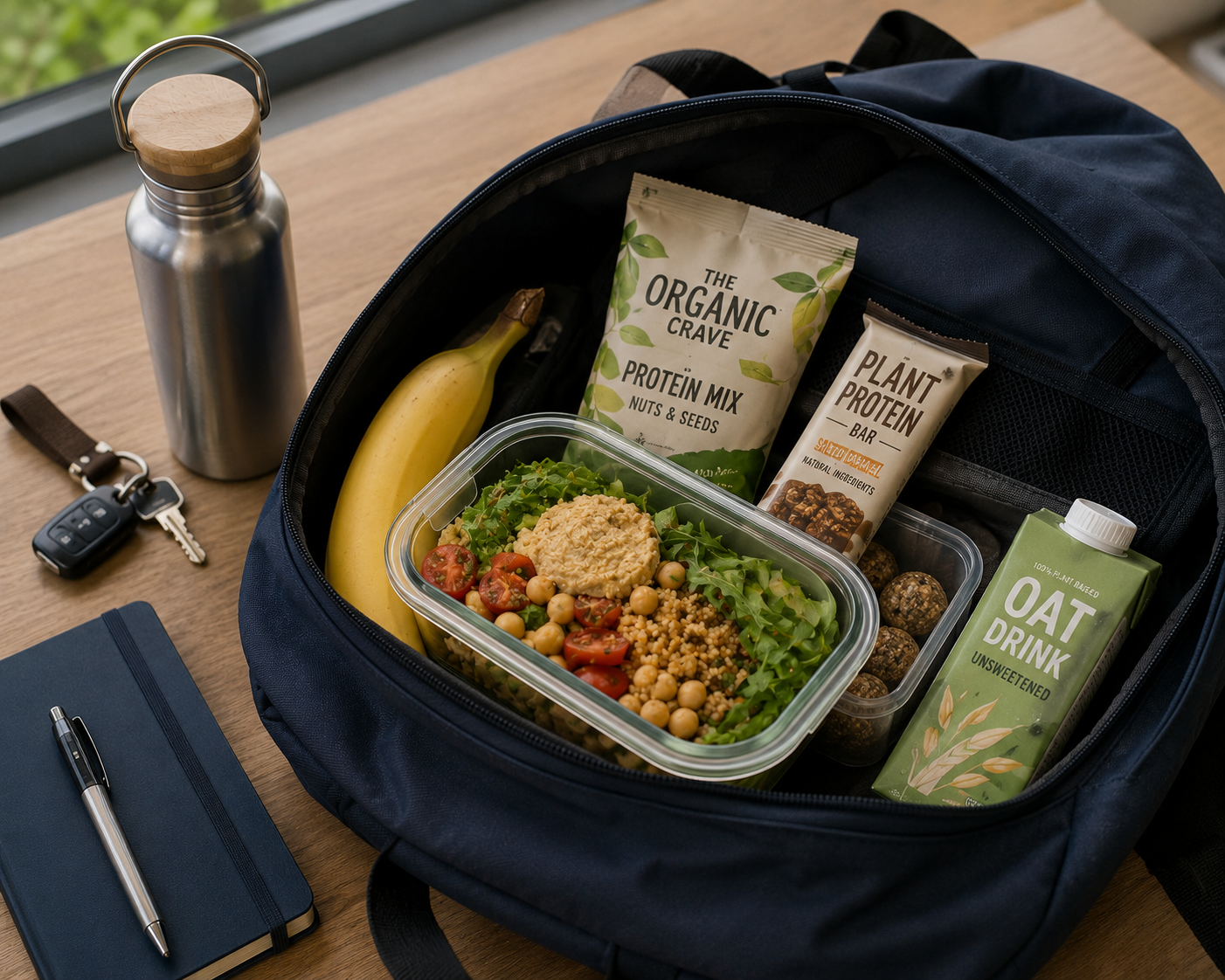 Een tas met plantaardige snacks en lunch voor onderweg